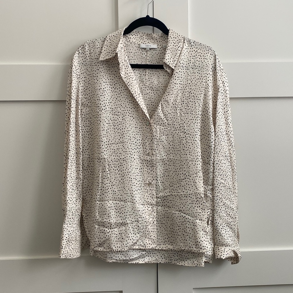 Vince cream with black polka dots satin button down.
